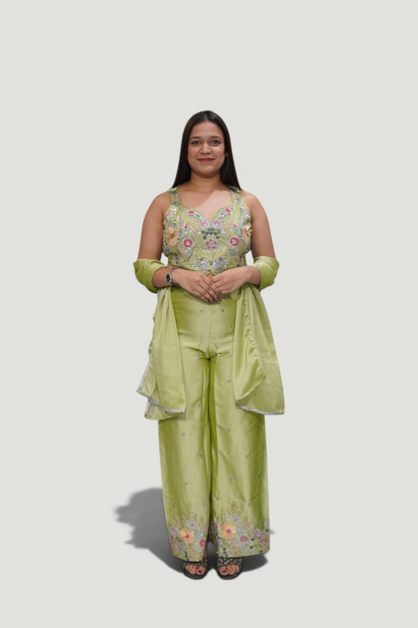 Chartreuse Green Floral Embroidered Palazzo Co-ord Set with Drape