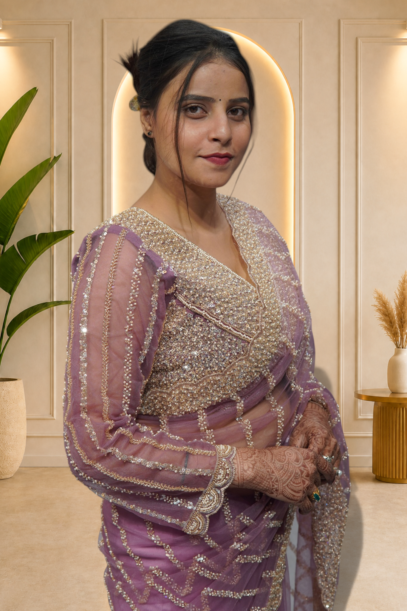 Dusty Mauve Pearl & Sequin Embroidered Net Saree Set