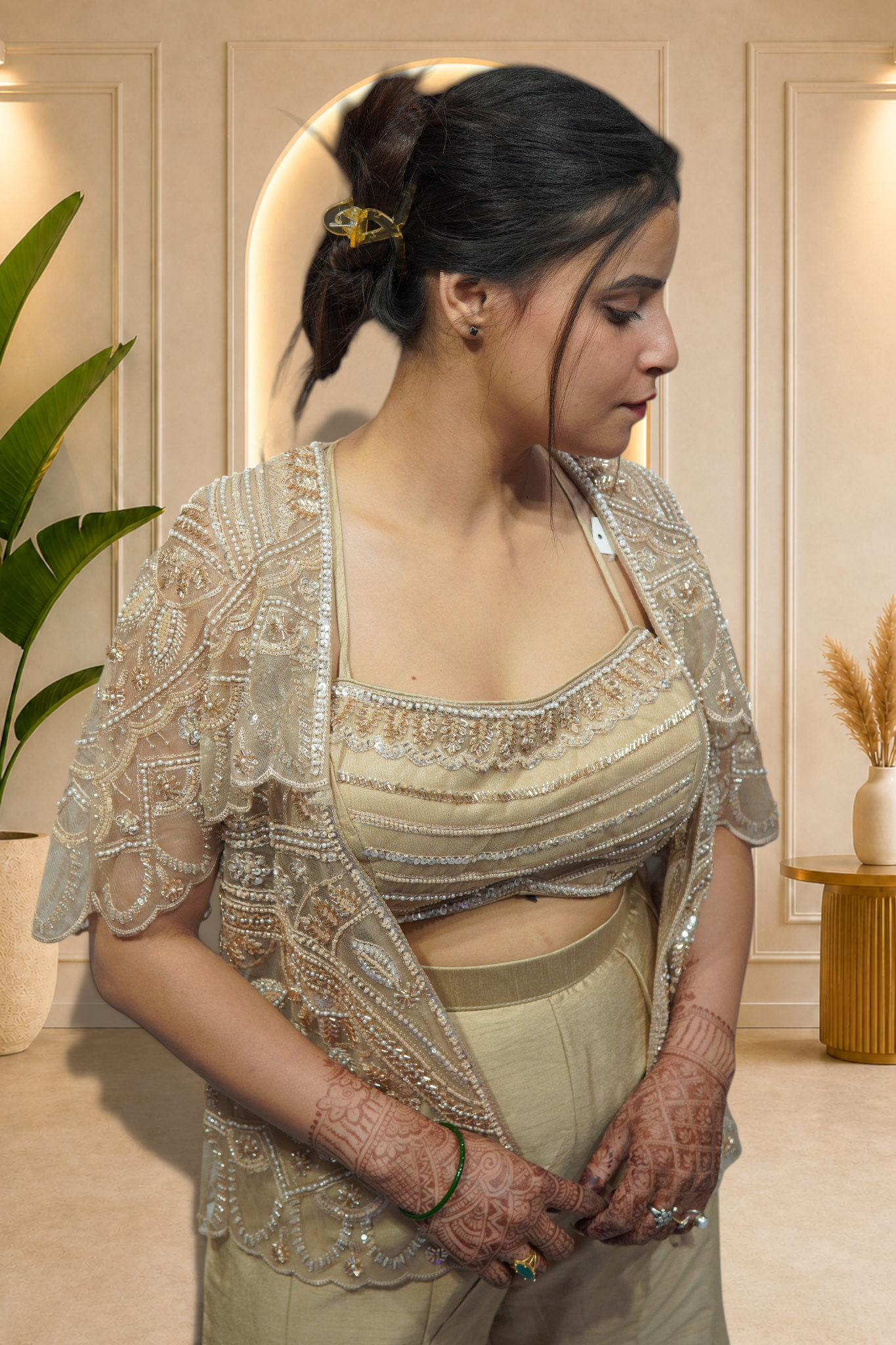 Champagne Gold Embellished Cape Jacket and Palazzo Co-Ord Set