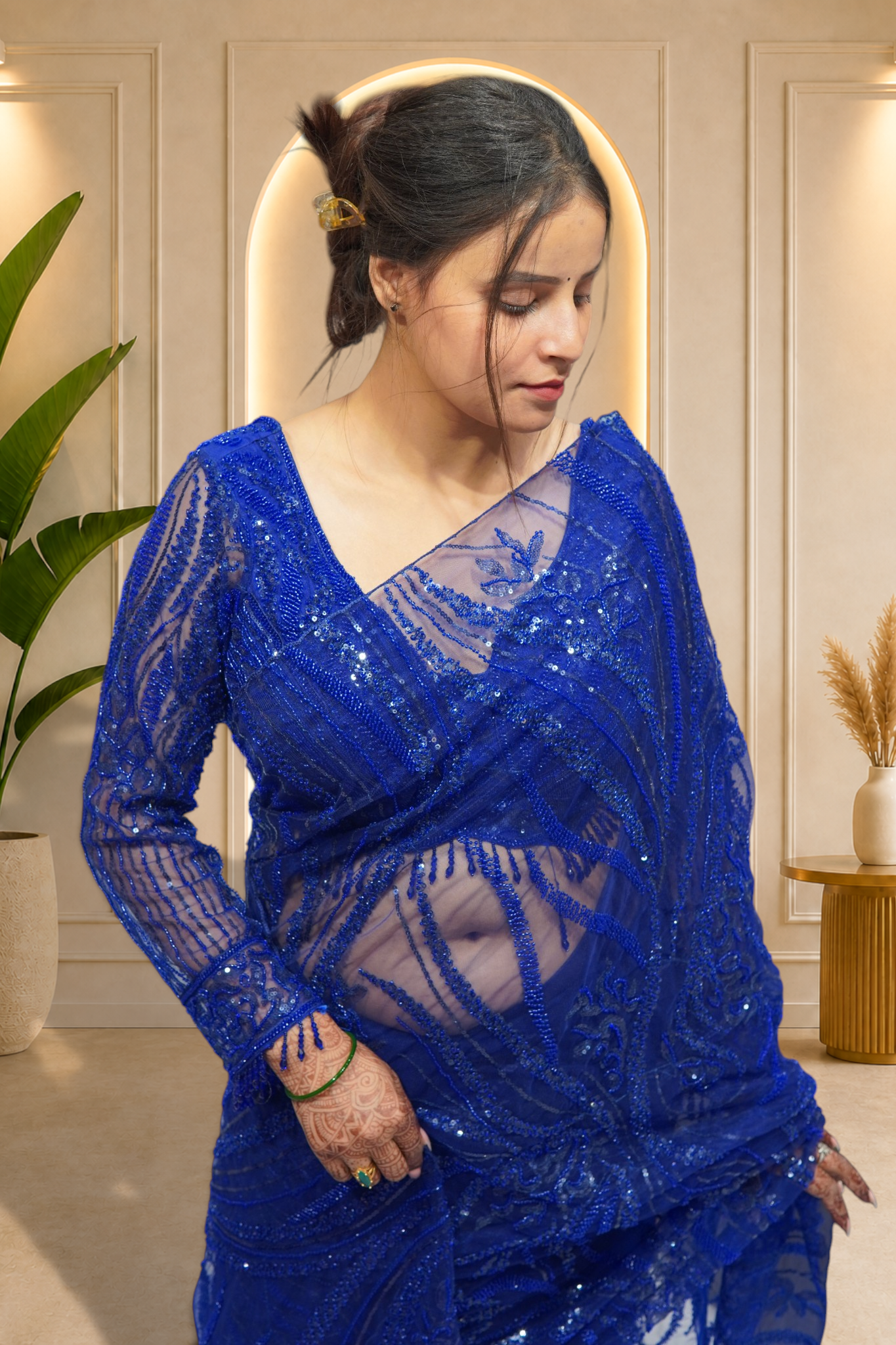 Royal Cobalt Blue Sequin & Bead Embroidered Net Saree Set