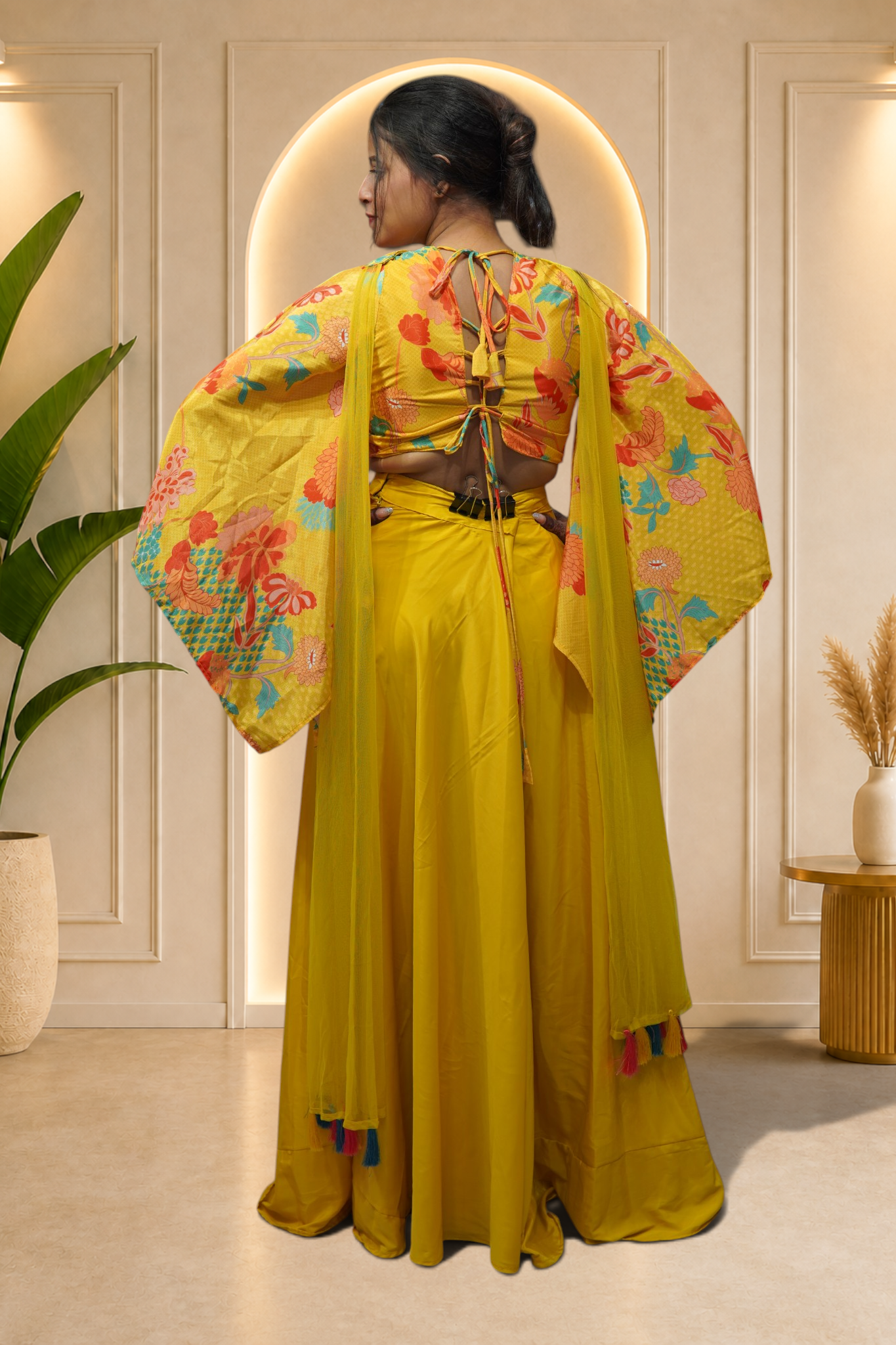 Sunshine Yellow Tropical Front-Tie Lehenga Set with Bell Sleeves