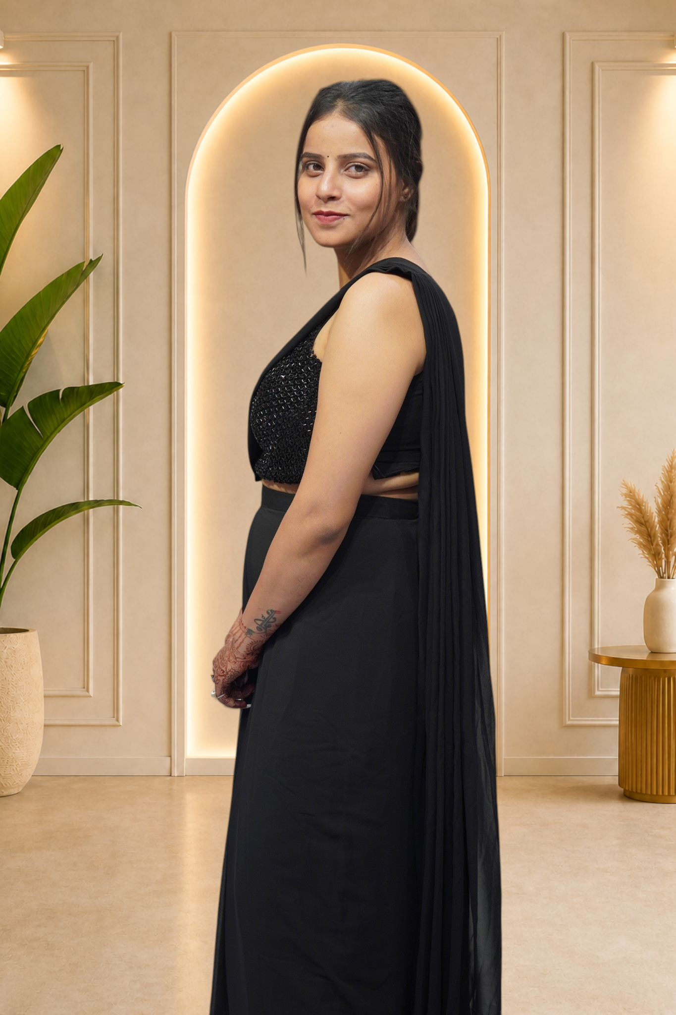 Midnight Black Pre-Draped Concept Saree with Sequined Blouse