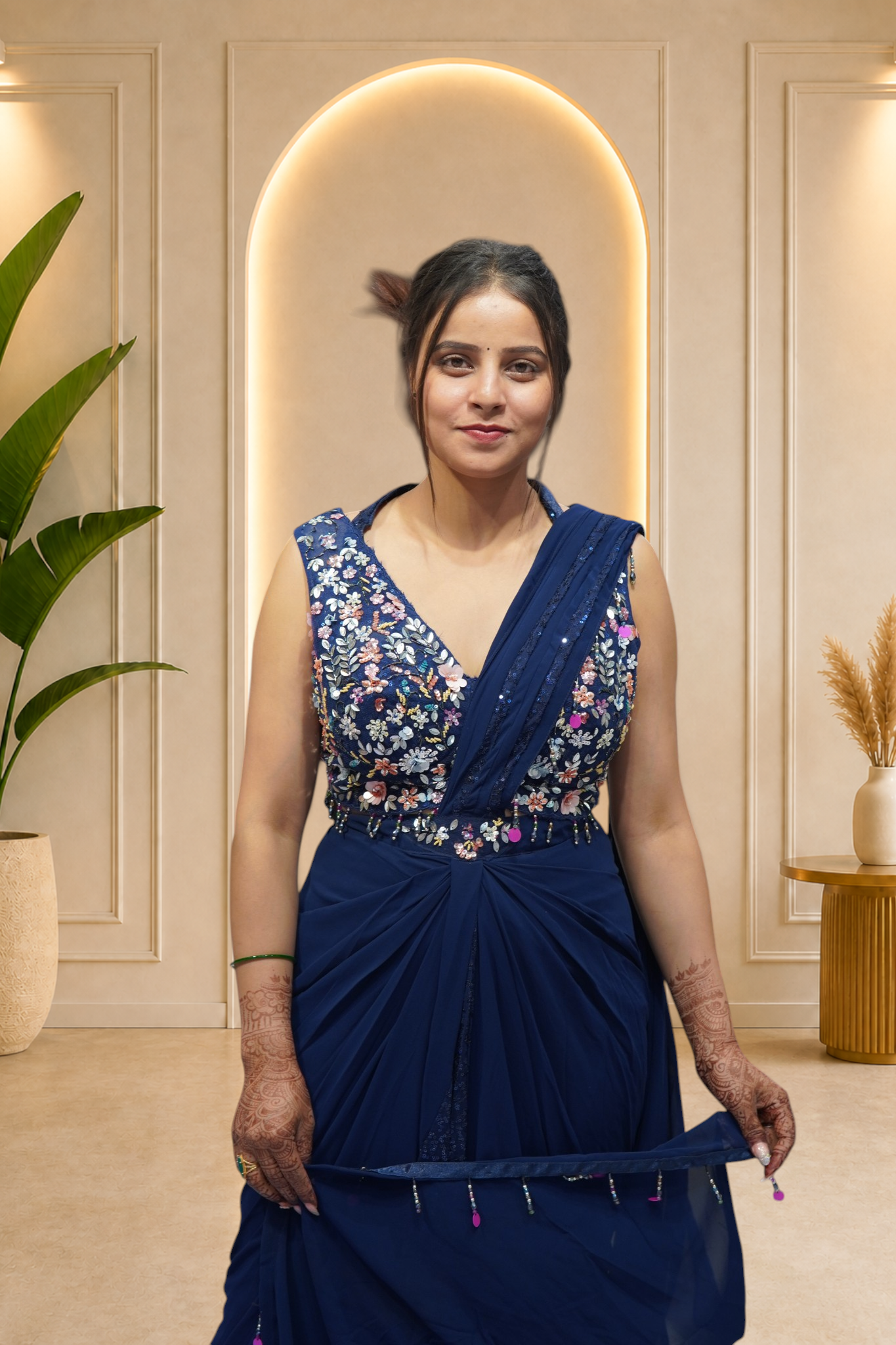 Midnight Navy Floral Embroidered Pre-Draped Concept Saree