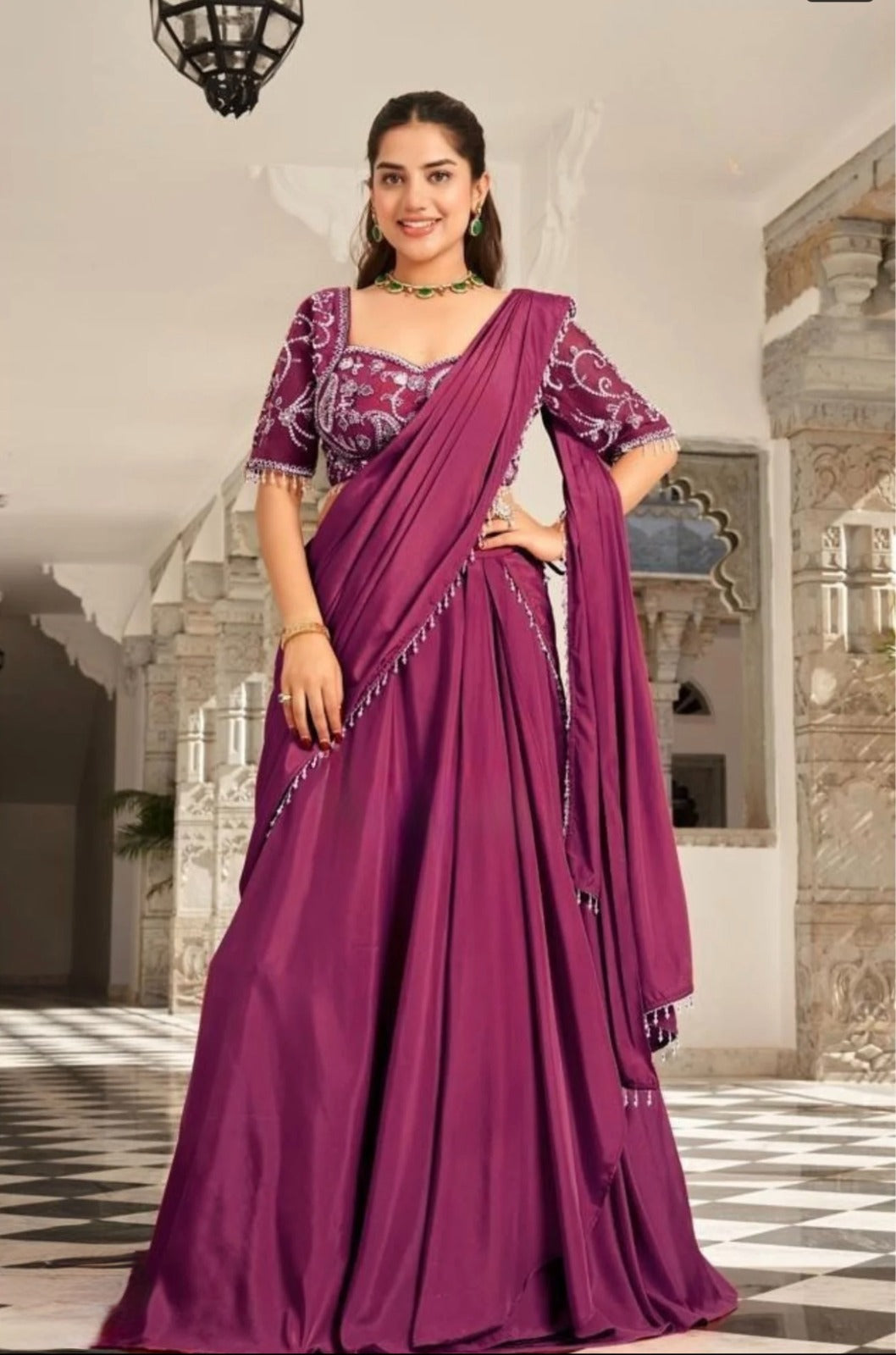 Royal Purple Pre-Stitched Satin Saree Set