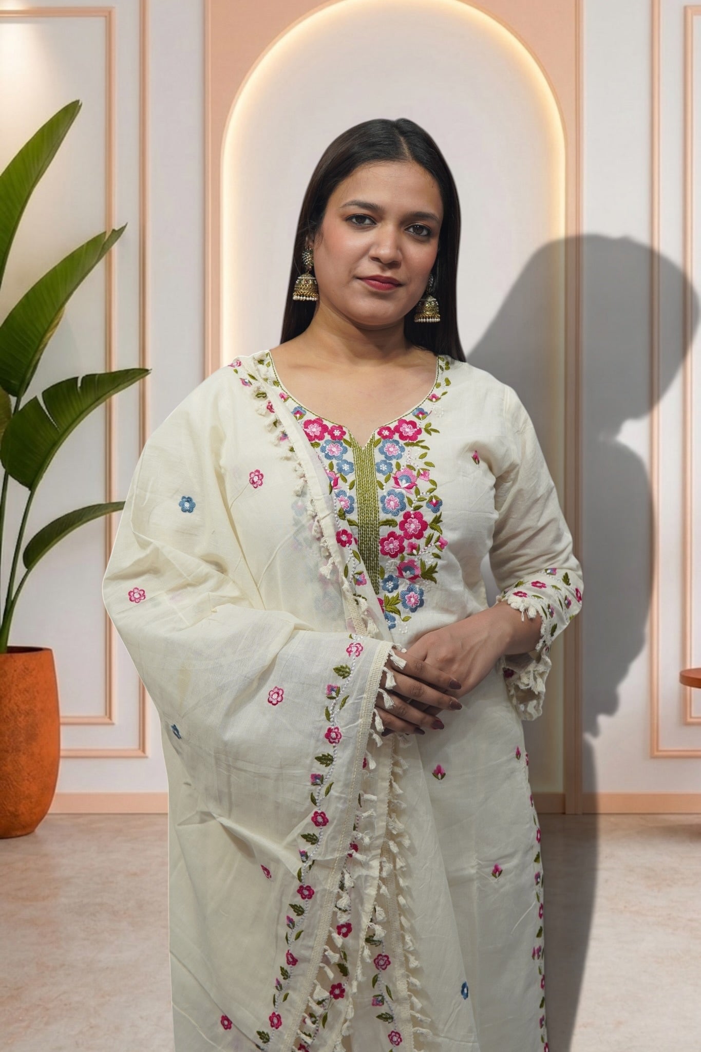 Ivory Cotton-Silk Floral Embroidered Suit Set