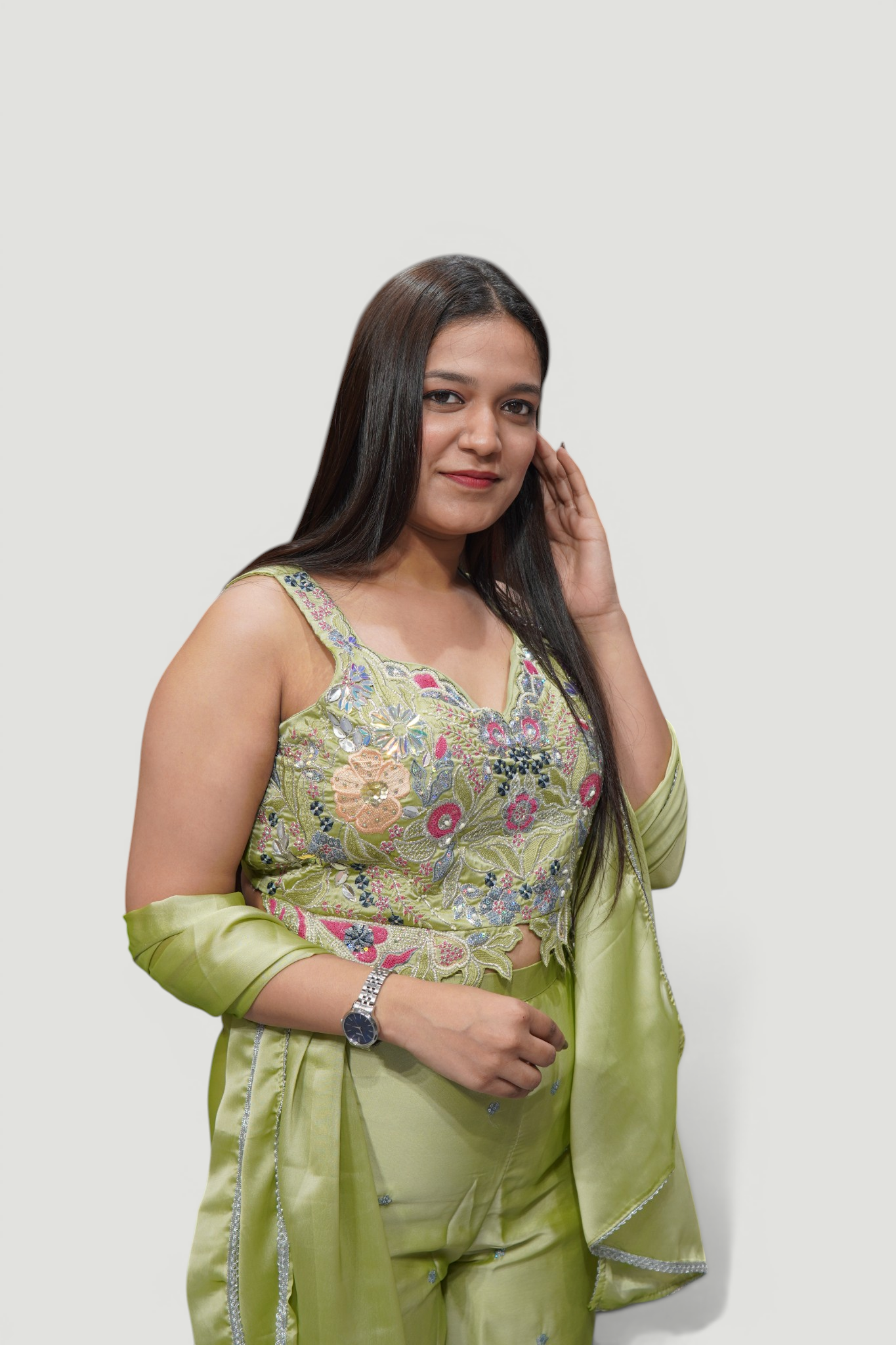 Chartreuse Green Floral Embroidered Palazzo Co-ord Set with Drape