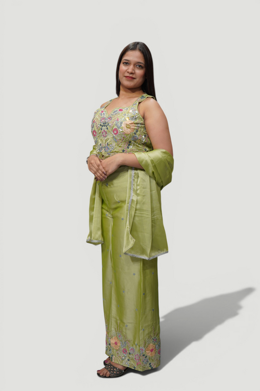 Chartreuse Green Floral Embroidered Palazzo Co-ord Set with Drape