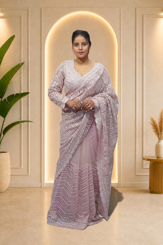 Icy Lilac Geometric Sequin Embroidered Net Saree Set