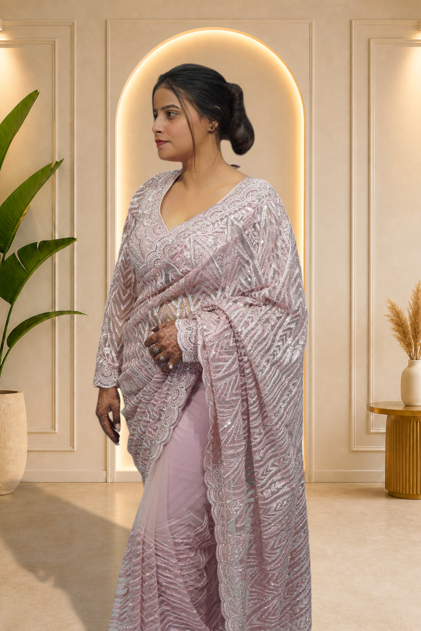 Icy Lilac Geometric Sequin Embroidered Net Saree Set