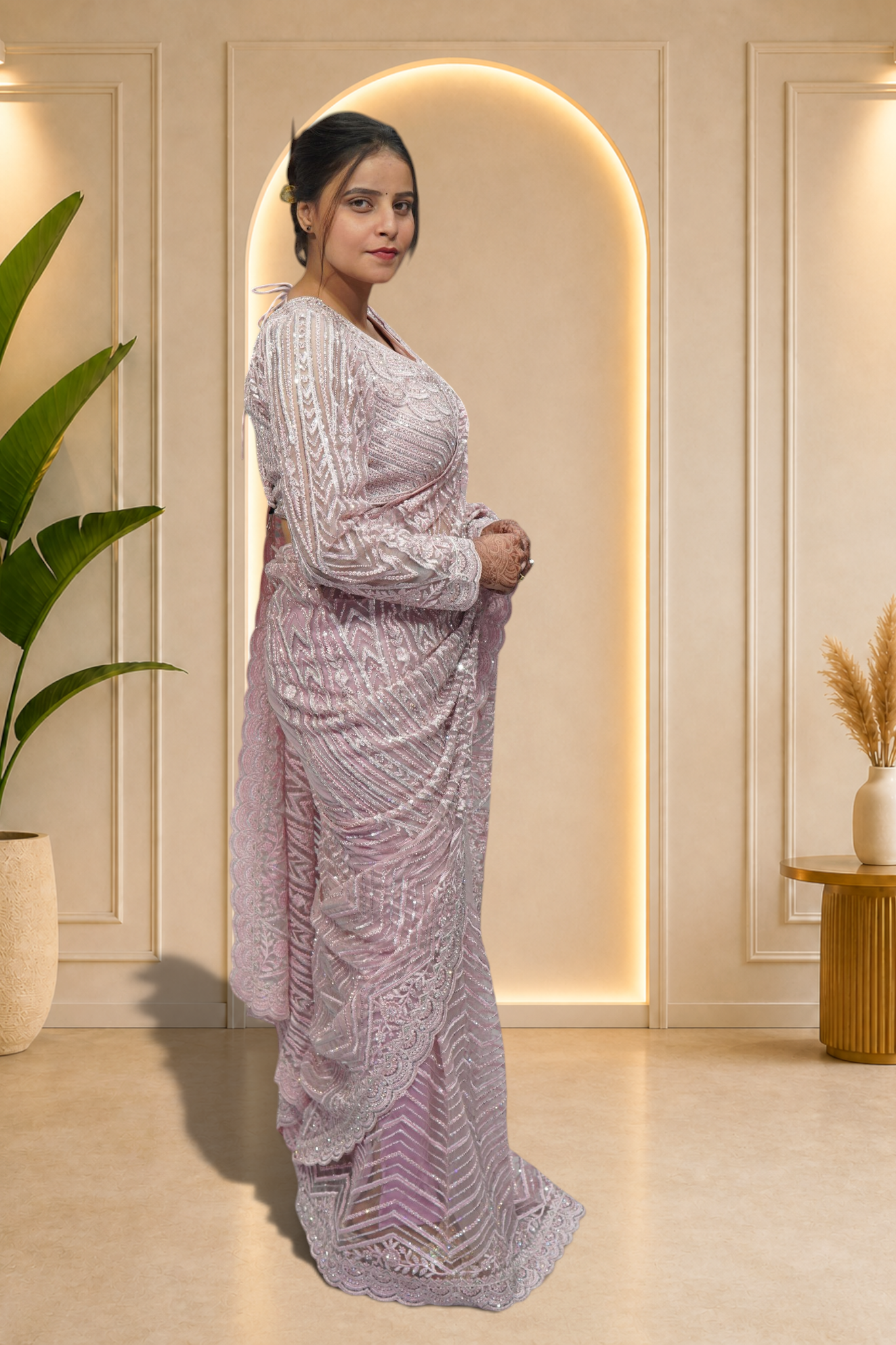 Icy Lilac Geometric Sequin Embroidered Net Saree Set