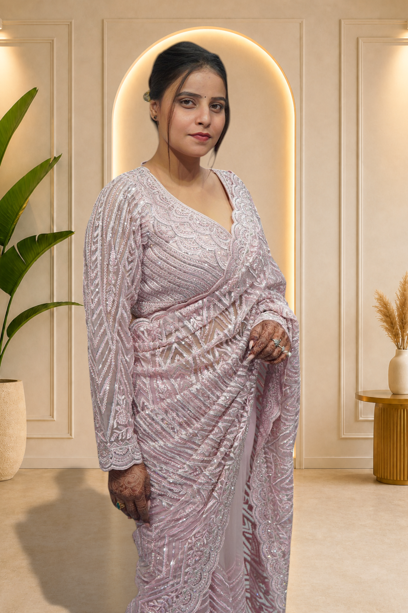 Icy Lilac Geometric Sequin Embroidered Net Saree Set