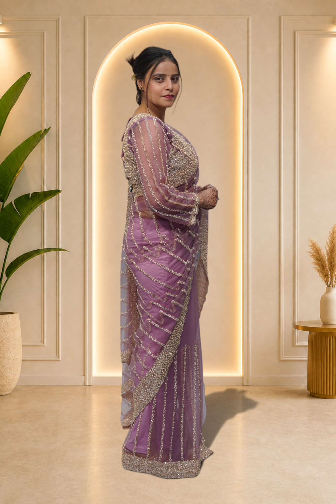 Dusty Mauve Pearl & Sequin Embroidered Net Saree Set