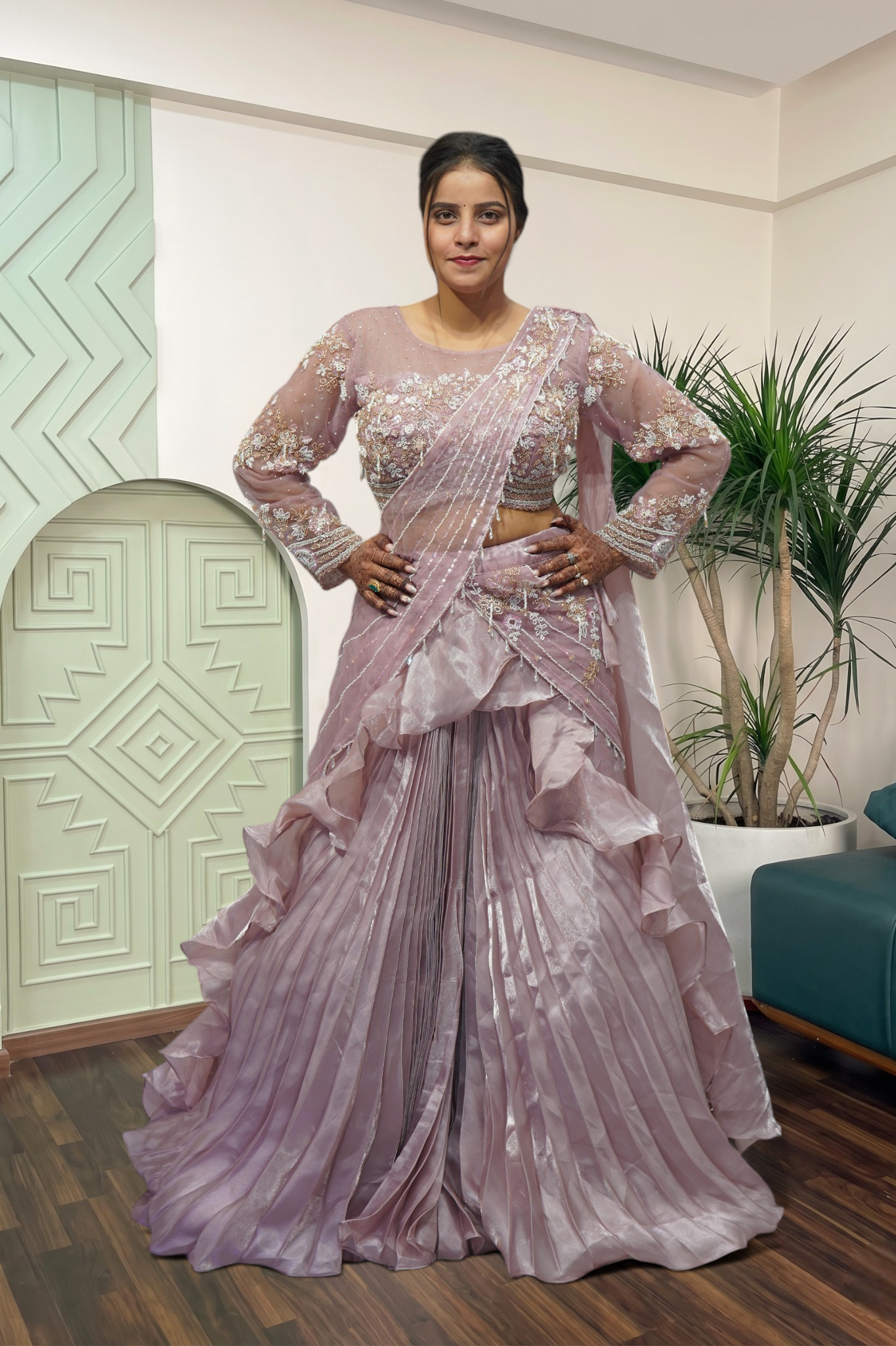 Lavender Shimmer Pre-Draped Ruffle Saree with Embellished Net Blouse
