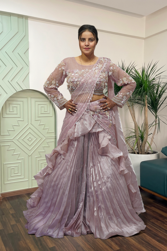 Lavender Shimmer Pre-Draped Ruffle Saree with Embellished Net Blouse