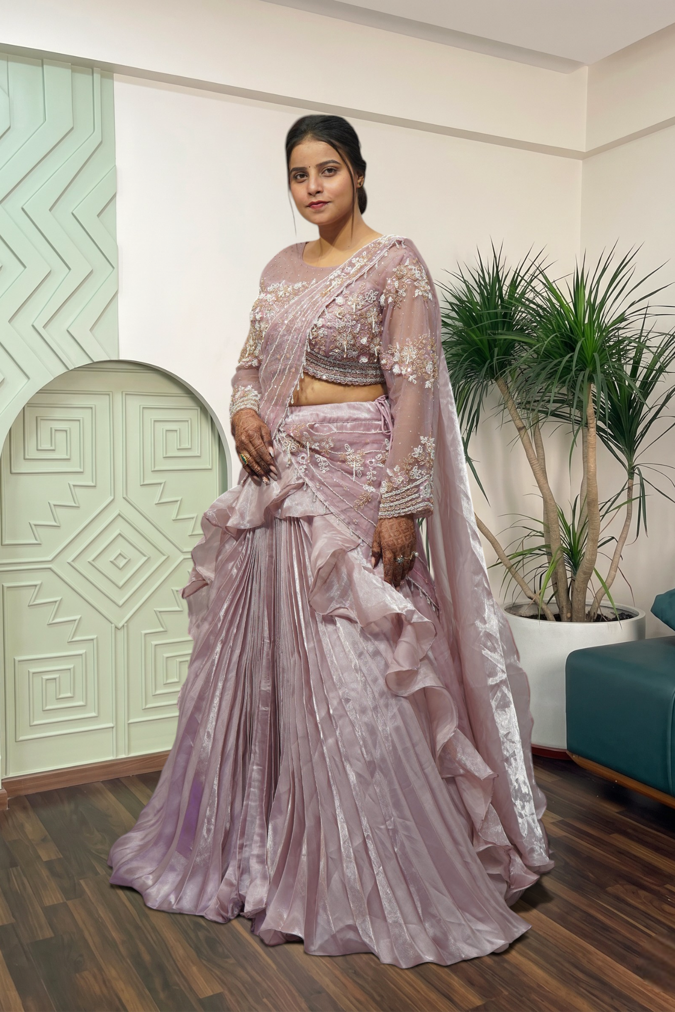 Lavender Shimmer Pre-Draped Ruffle Saree with Embellished Net Blouse
