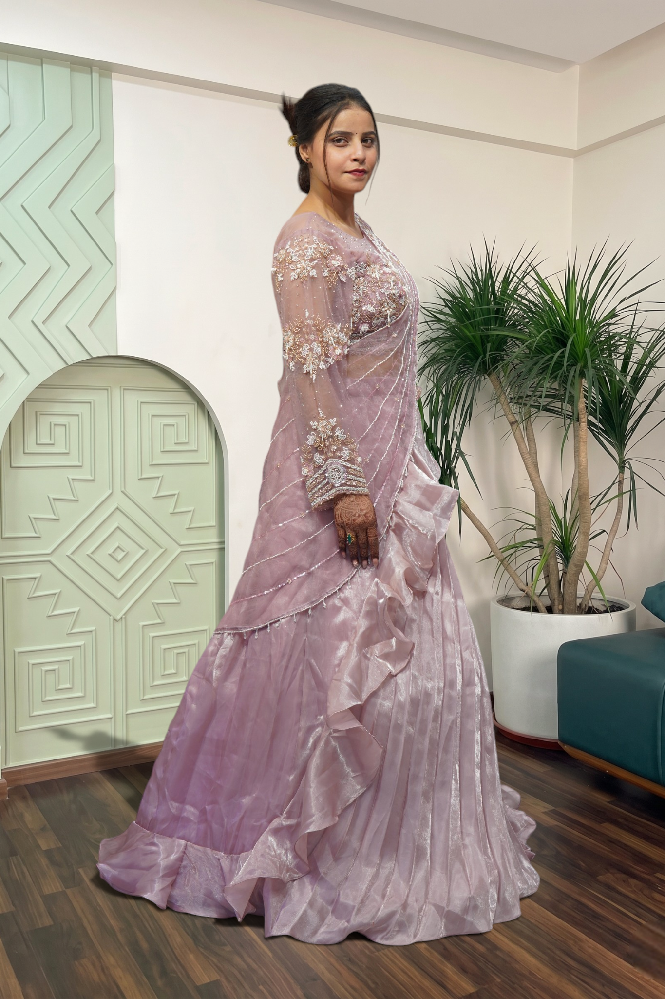 Lavender Shimmer Pre-Draped Ruffle Saree with Embellished Net Blouse