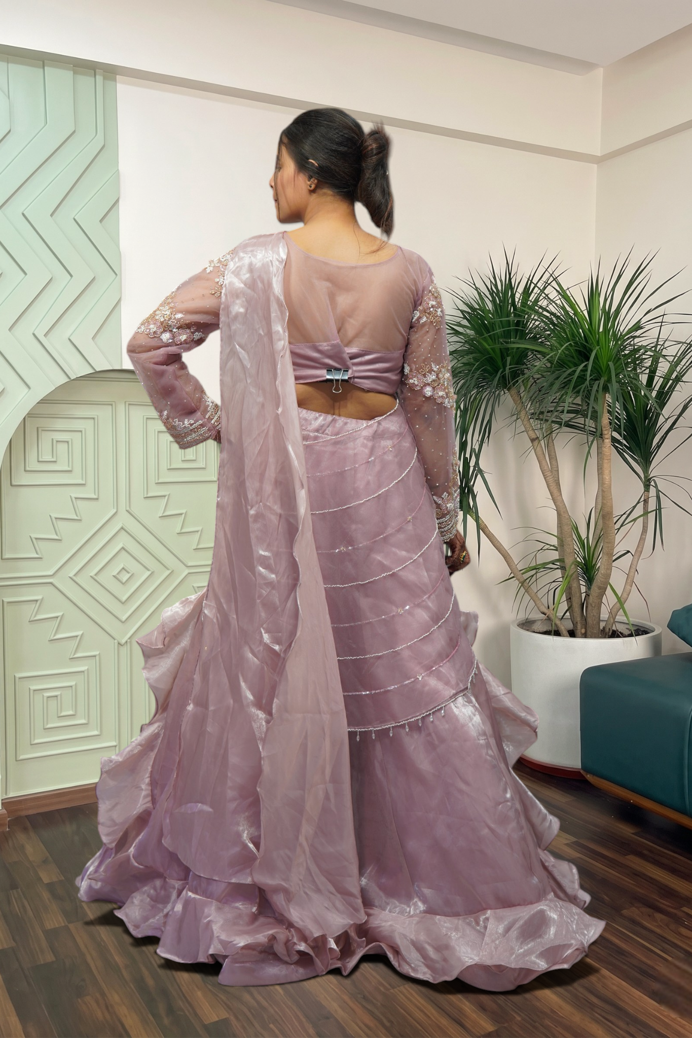 Lavender Shimmer Pre-Draped Ruffle Saree with Embellished Net Blouse
