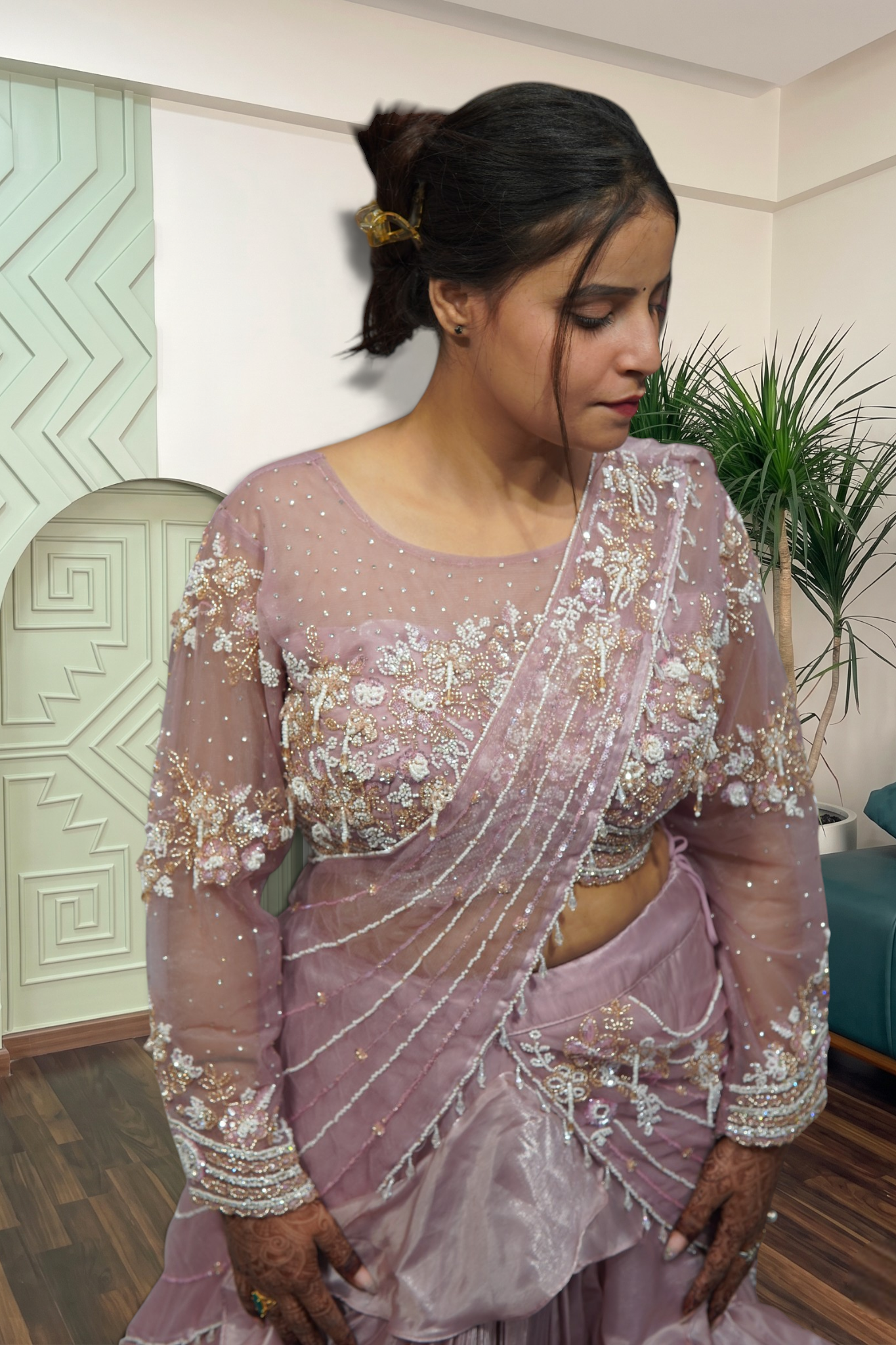 Lavender Shimmer Pre-Draped Ruffle Saree with Embellished Net Blouse