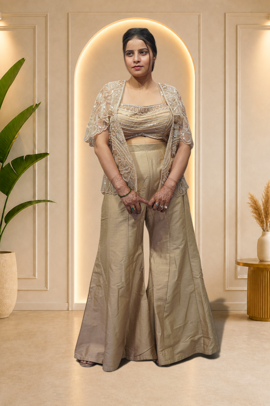 Champagne Gold Embellished Cape Jacket and Palazzo Co-Ord Set