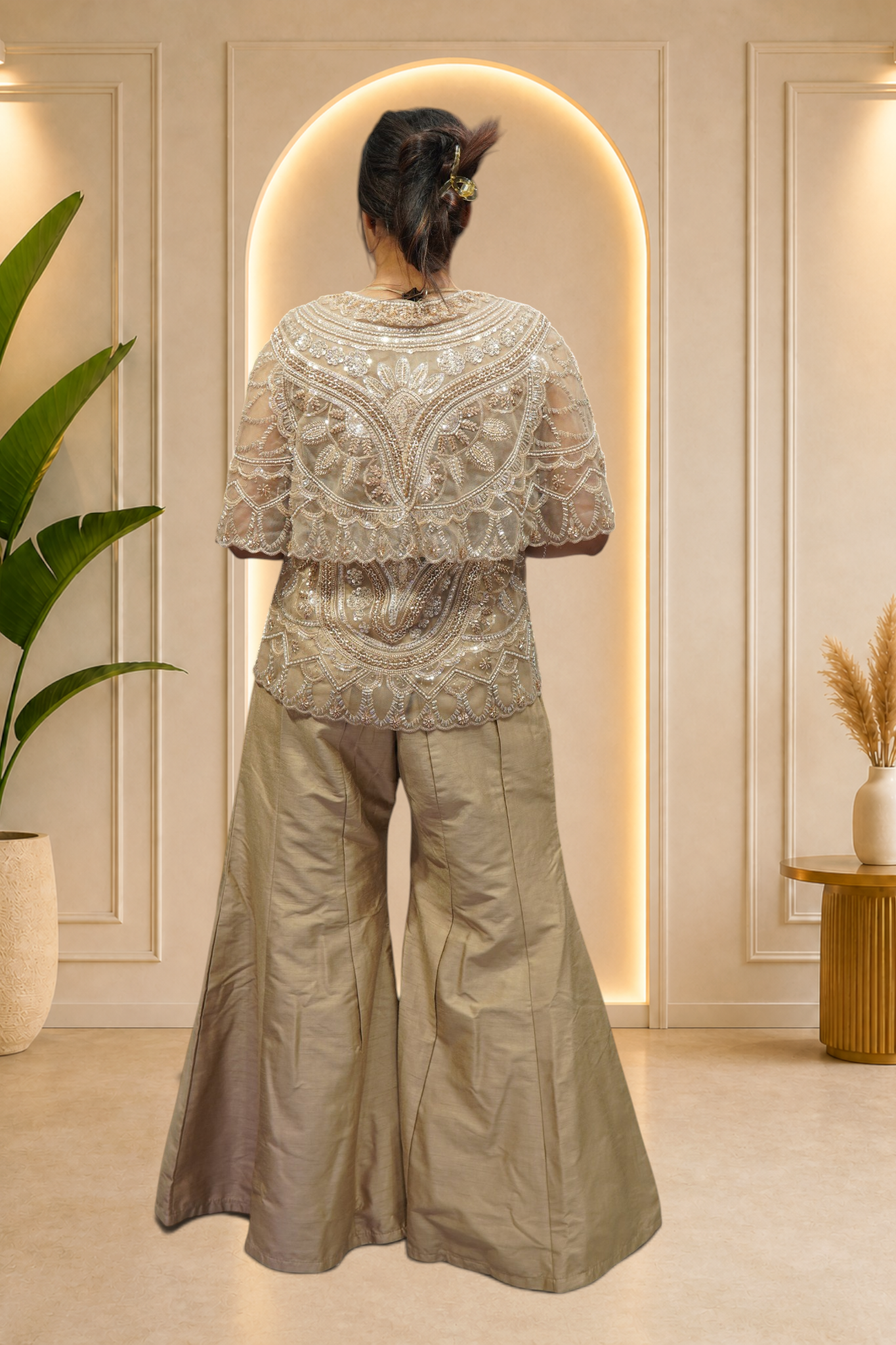 Champagne Gold Embellished Cape Jacket and Palazzo Co-Ord Set