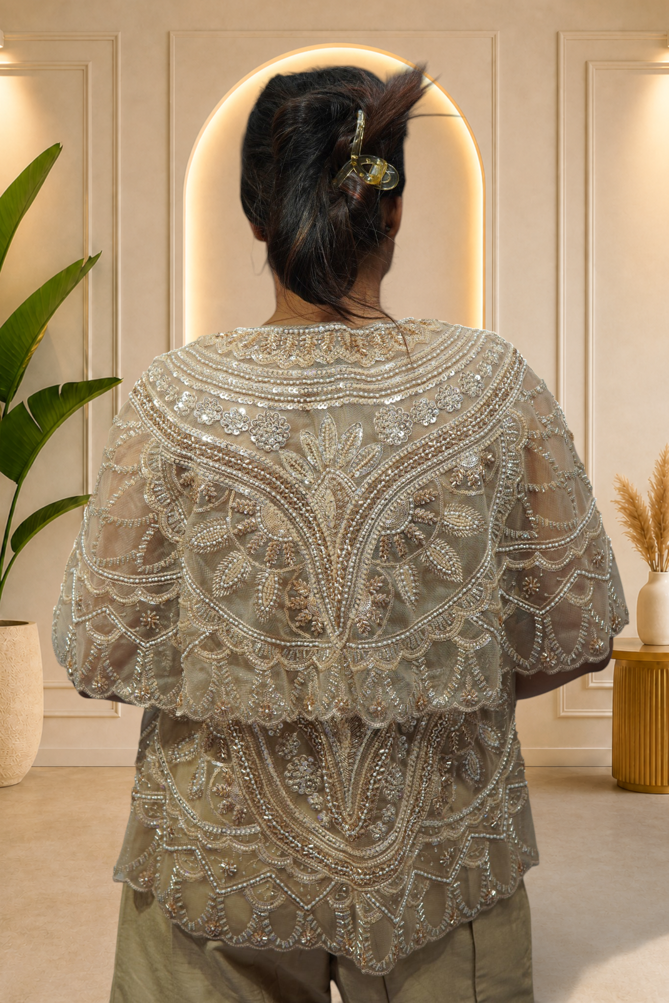 Champagne Gold Embellished Cape Jacket and Palazzo Co-Ord Set