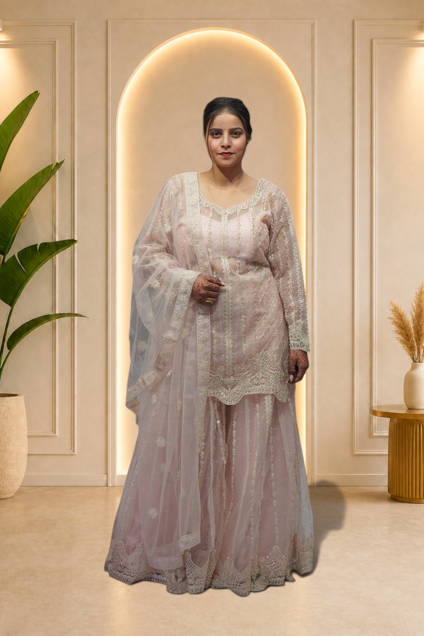 Blush Pink Embroidered Net Sharara Set with Scalloped Hem