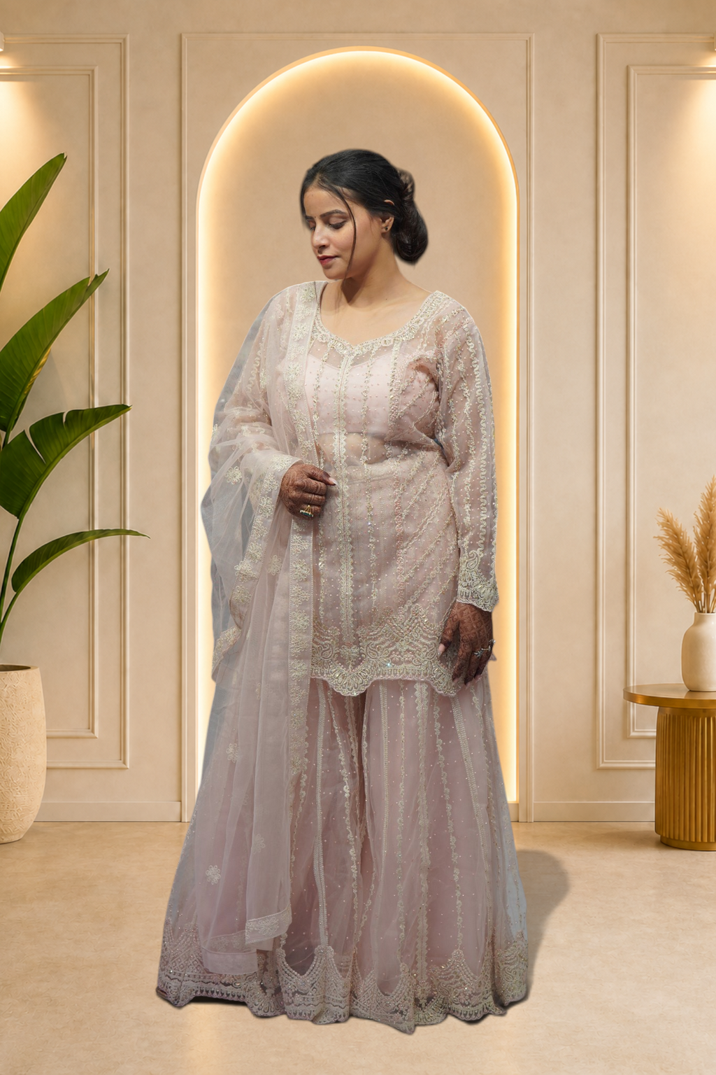Blush Pink Embroidered Net Sharara Set with Scalloped Hem