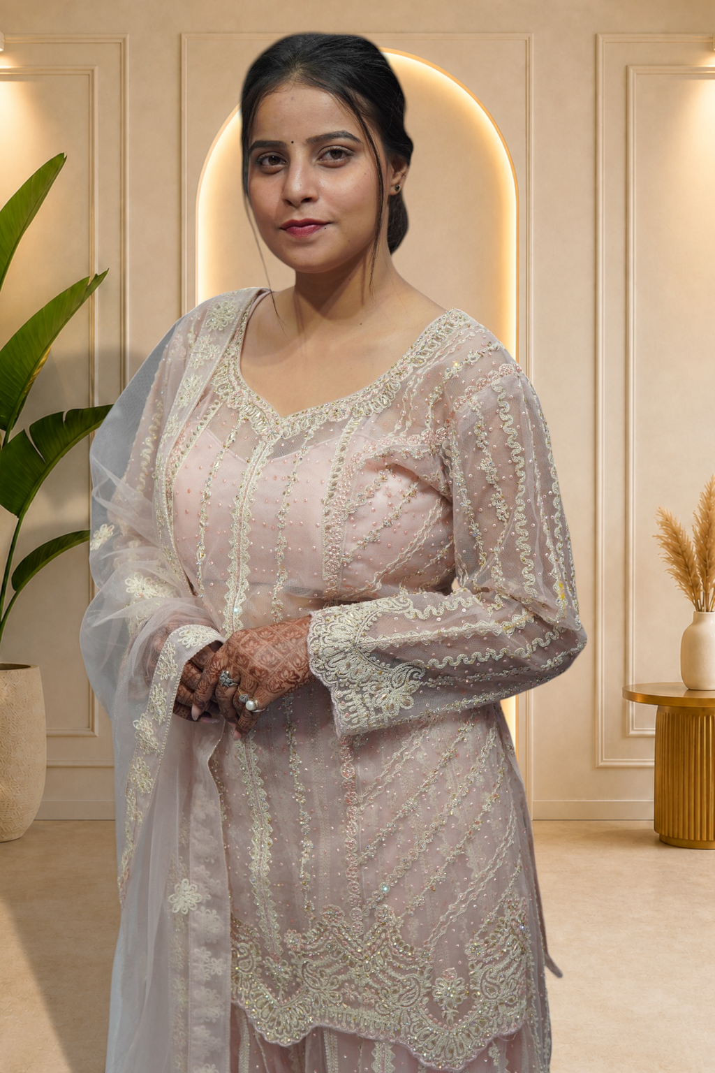 Blush Pink Embroidered Net Sharara Set with Scalloped Hem