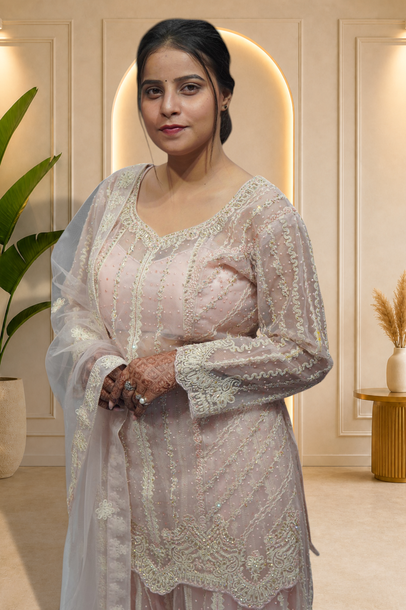 Blush Pink Embroidered Net Sharara Set with Scalloped Hem