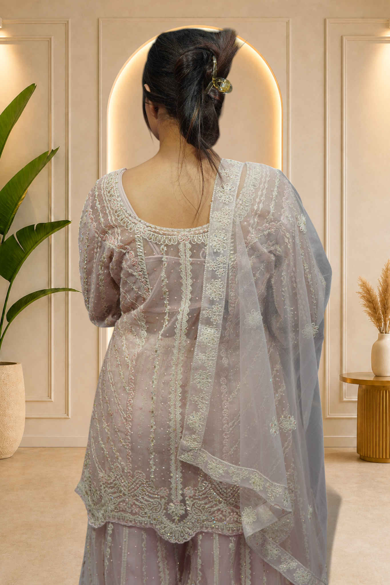 Blush Pink Embroidered Net Sharara Set with Scalloped Hem