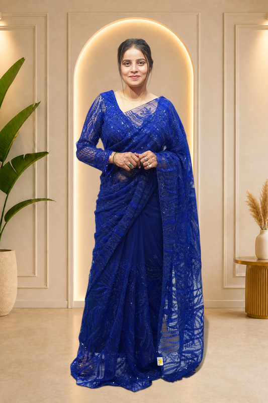 Royal Cobalt Blue Sequin & Bead Embroidered Net Saree Set