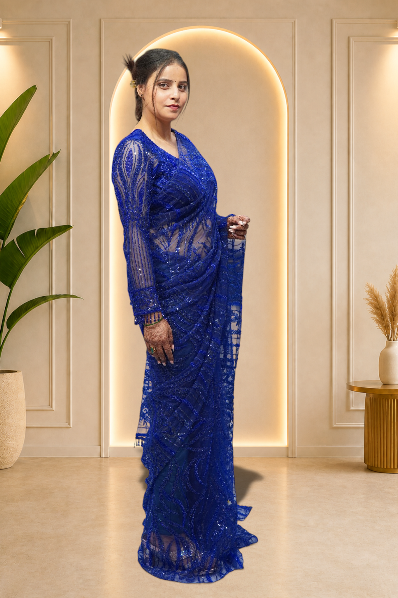 Royal Cobalt Blue Sequin & Bead Embroidered Net Saree Set