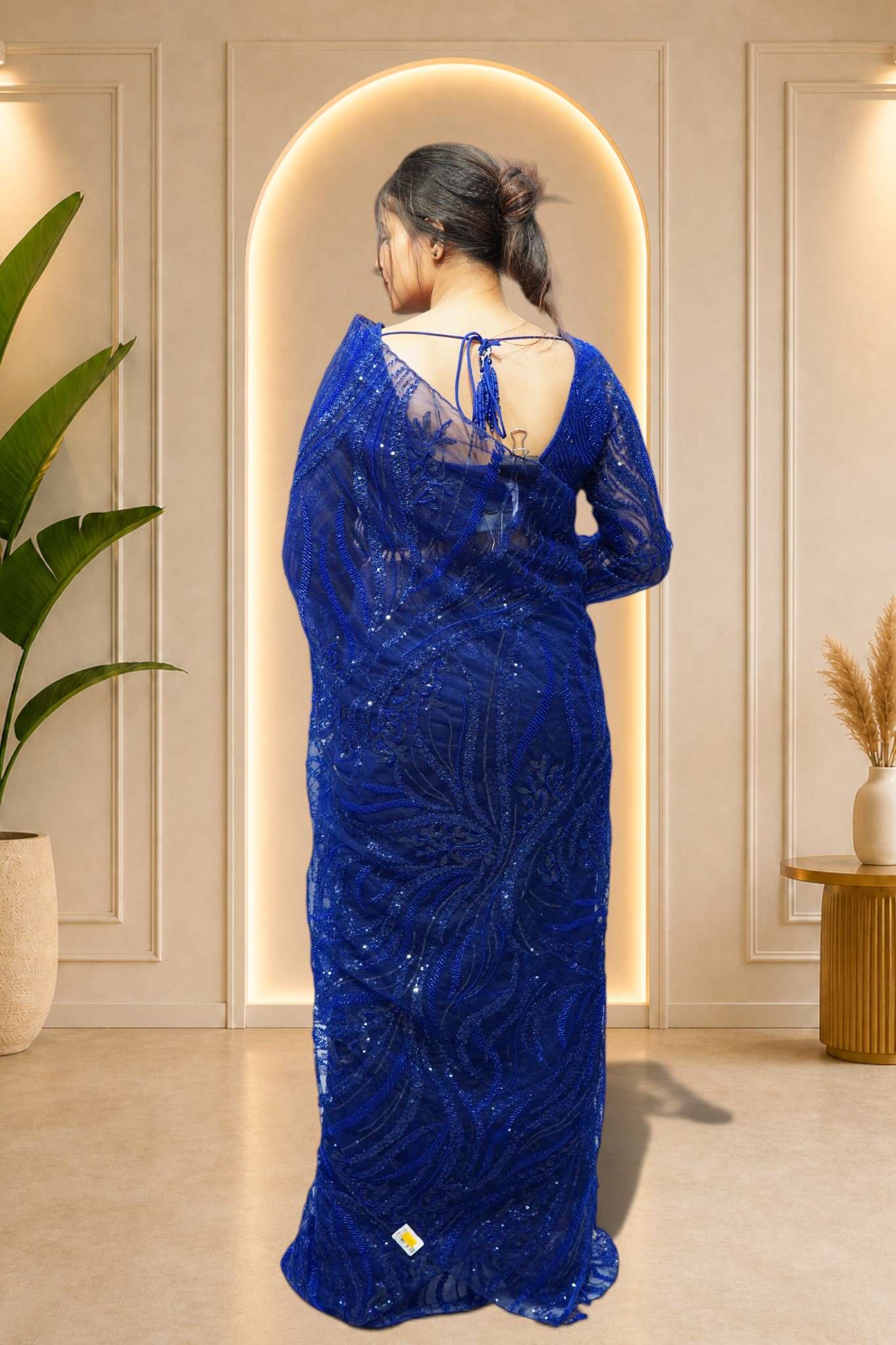 Royal Cobalt Blue Sequin & Bead Embroidered Net Saree Set