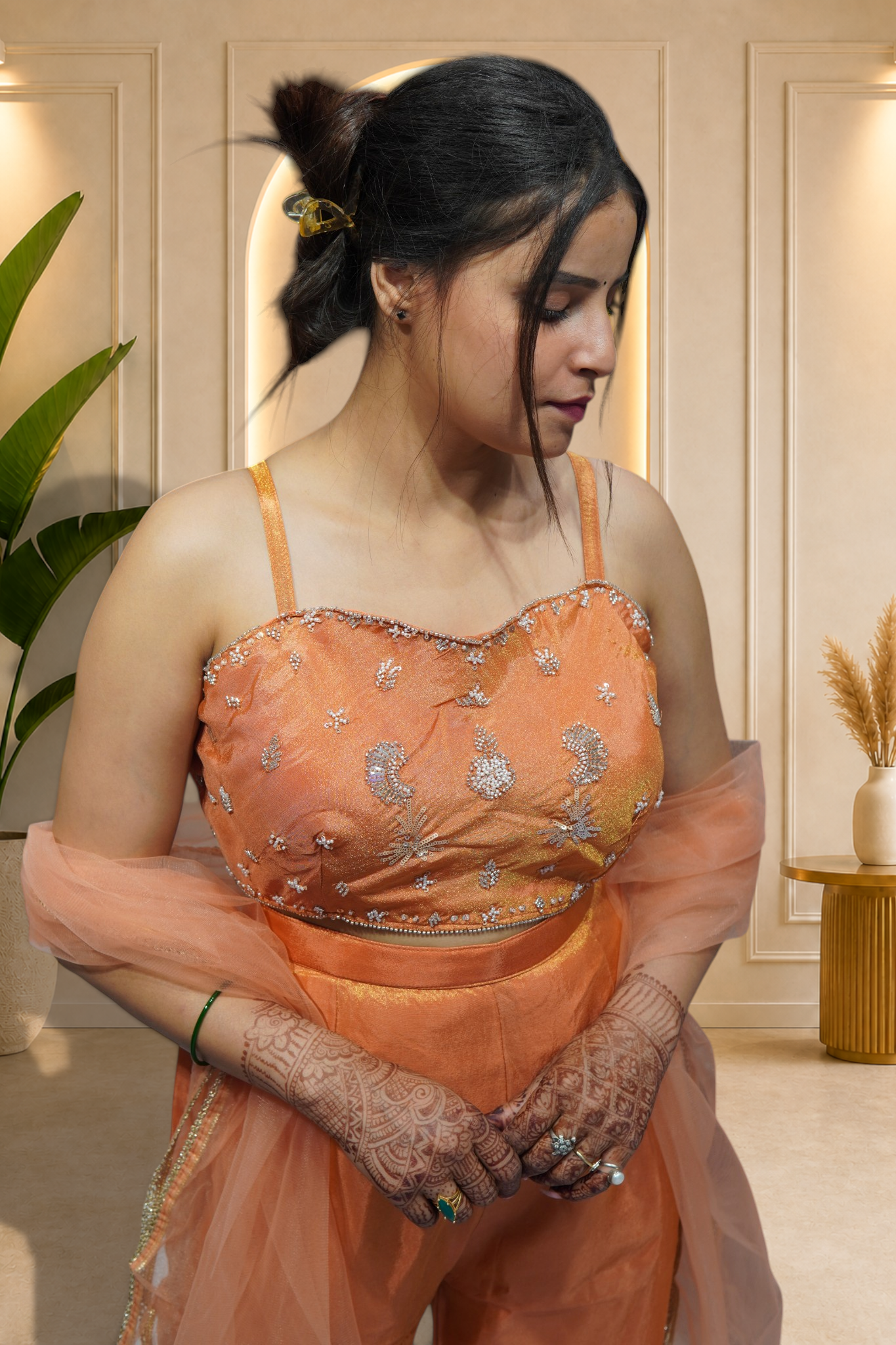 Sunset Orange Tissue Silk 3-Piece Co-ord Set with Zari Detailing