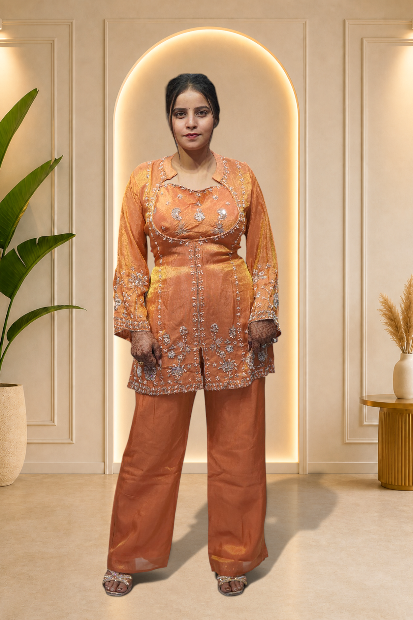 Sunset Orange Tissue Silk 3-Piece Co-ord Set with Zari Detailing