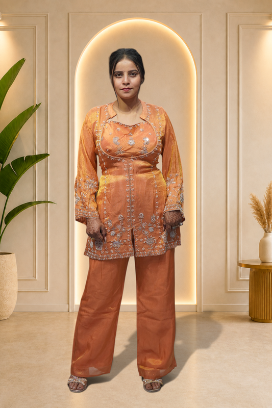 Sunset Orange Tissue Silk 3-Piece Co-ord Set with Zari Detailing