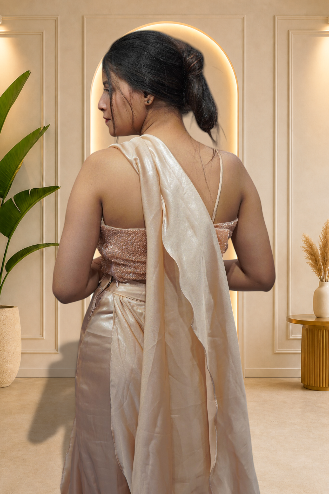 Champagne Gold Pre-Stitched Satin Saree with Sequin Bustier & Beaded Fringe