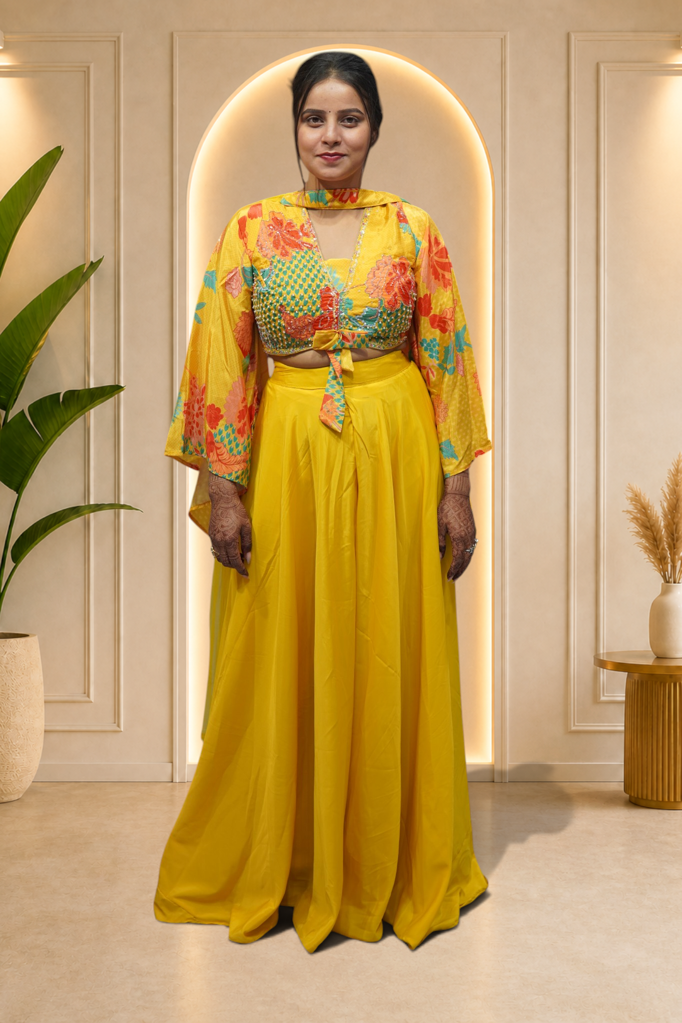 Sunshine Yellow Tropical Front-Tie Lehenga Set with Bell Sleeves