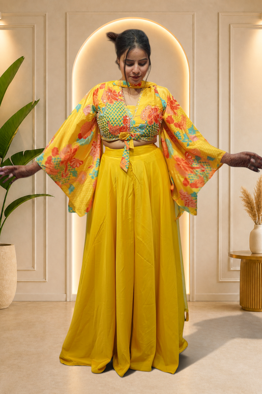 Sunshine Yellow Tropical Front-Tie Lehenga Set with Bell Sleeves