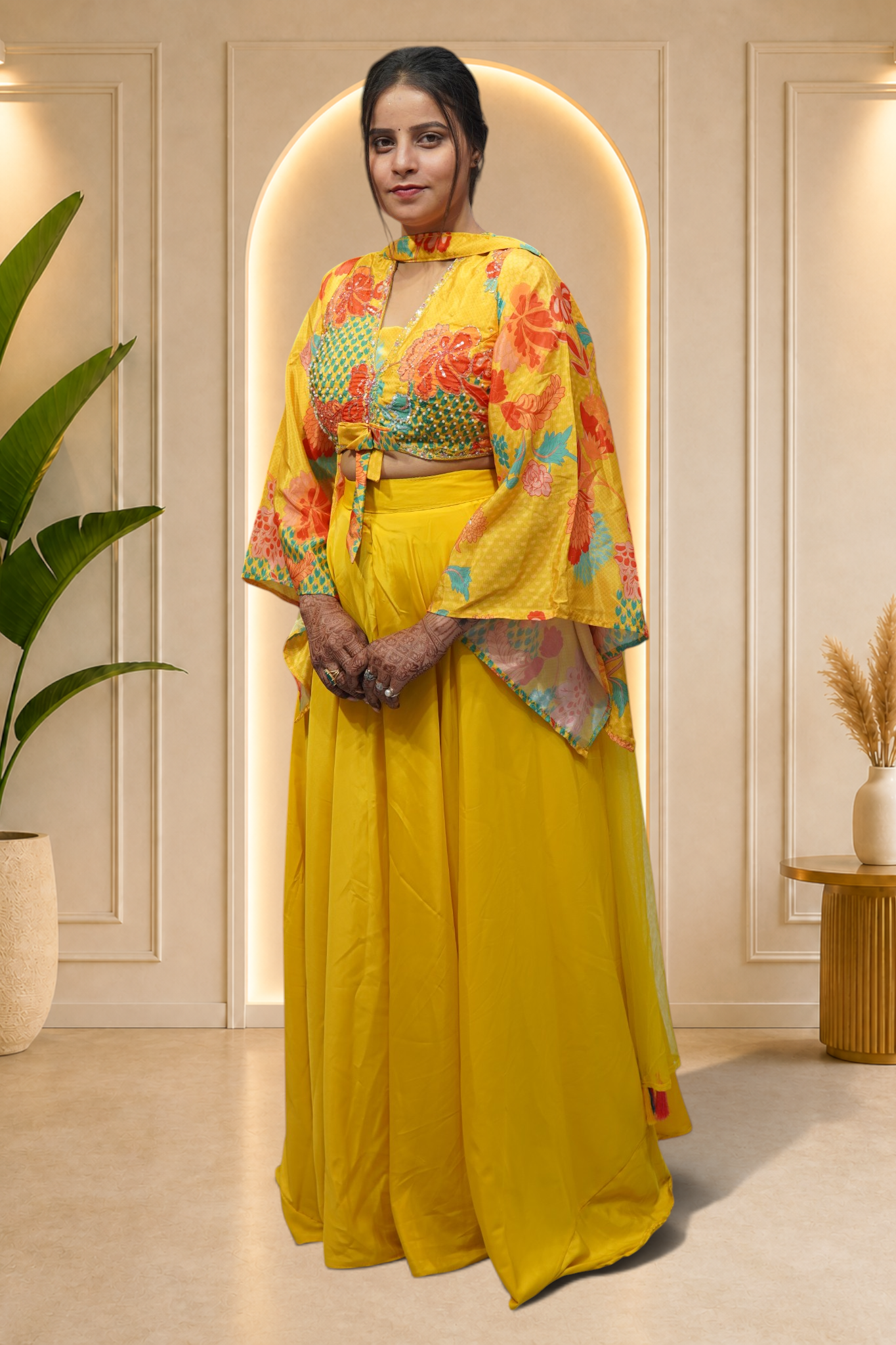 Sunshine Yellow Tropical Front-Tie Lehenga Set with Bell Sleeves