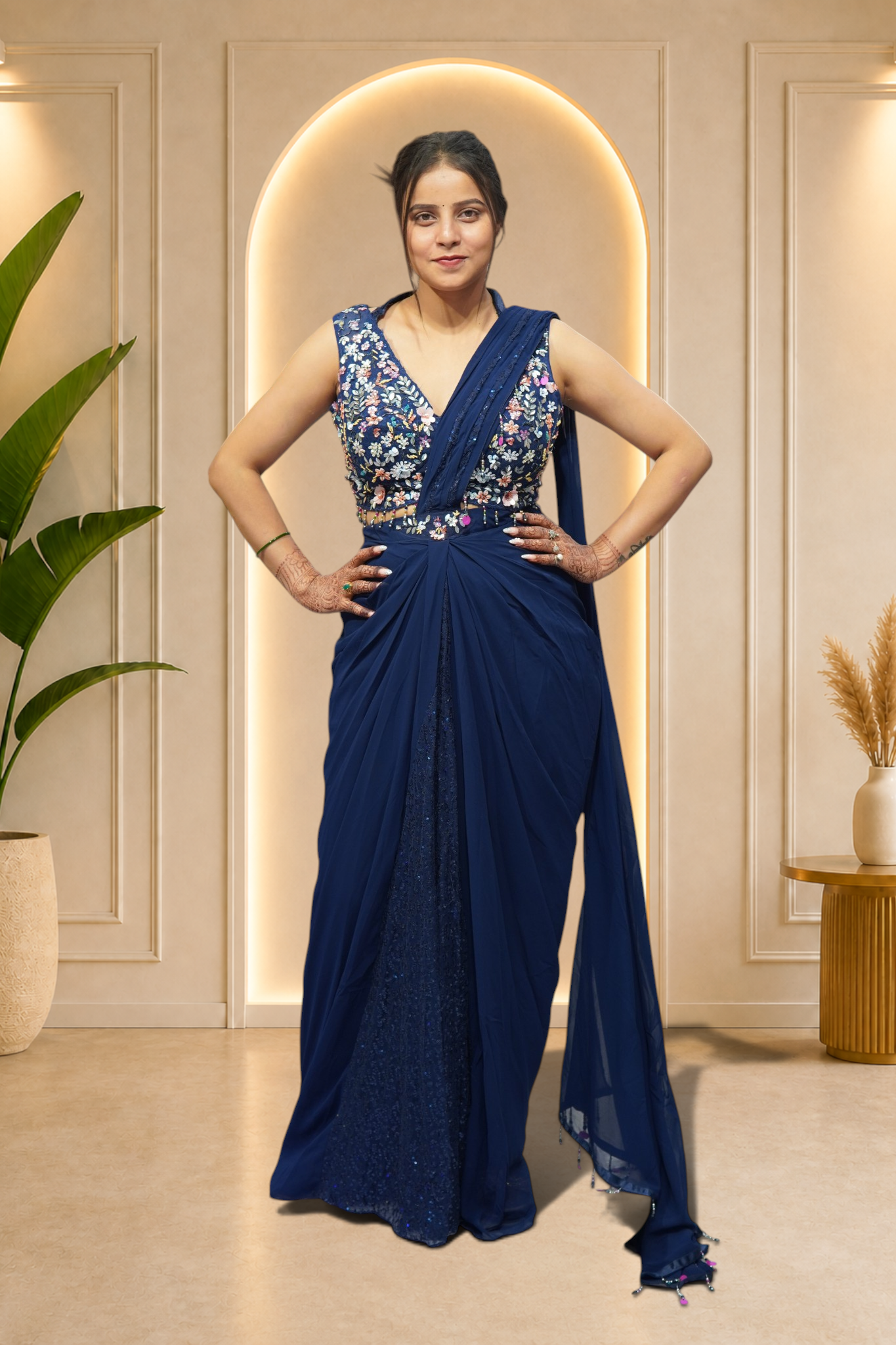 Midnight Navy Floral Embroidered Pre-Draped Concept Saree