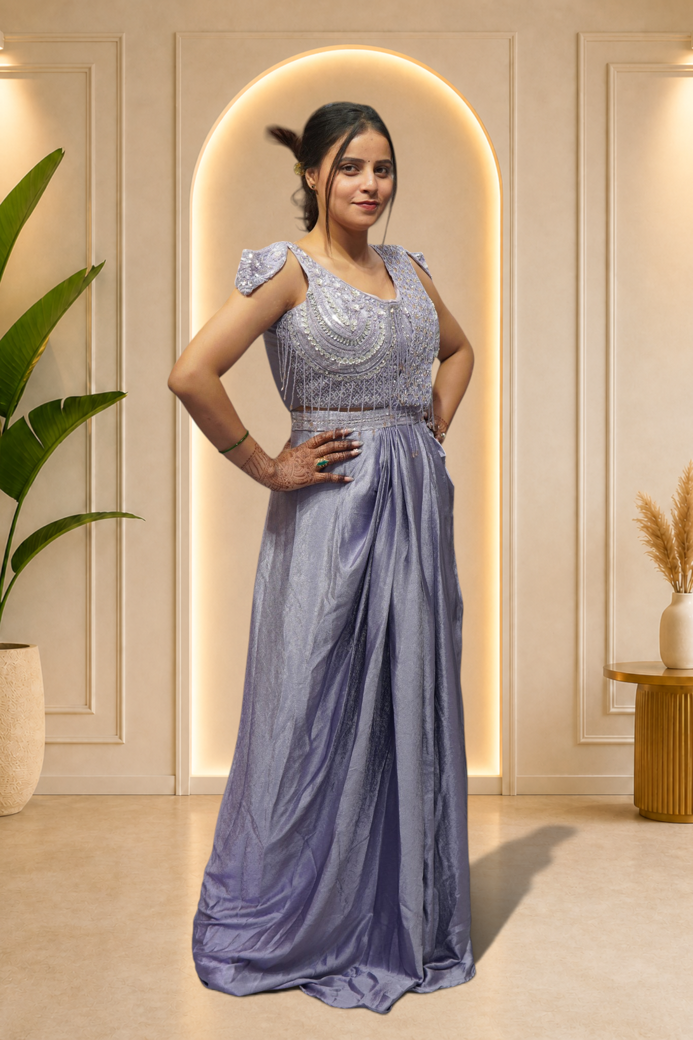 Icy Periwinkle Shimmer Draped Concept Gown with Beaded Fringe