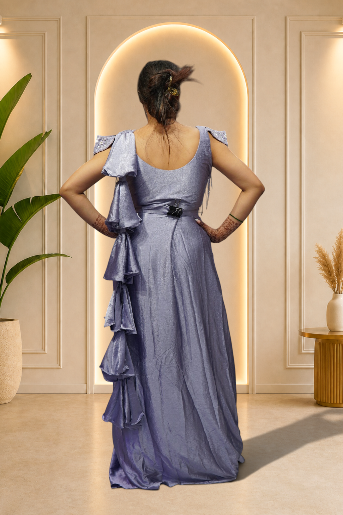 Icy Periwinkle Shimmer Draped Concept Gown with Beaded Fringe