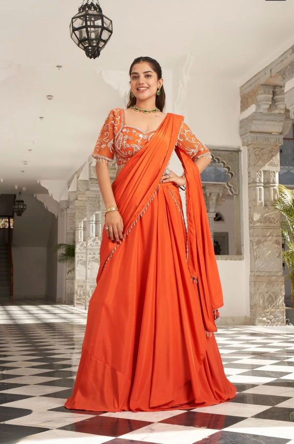 Sunset Orange Pre-Stitched Satin Saree Set