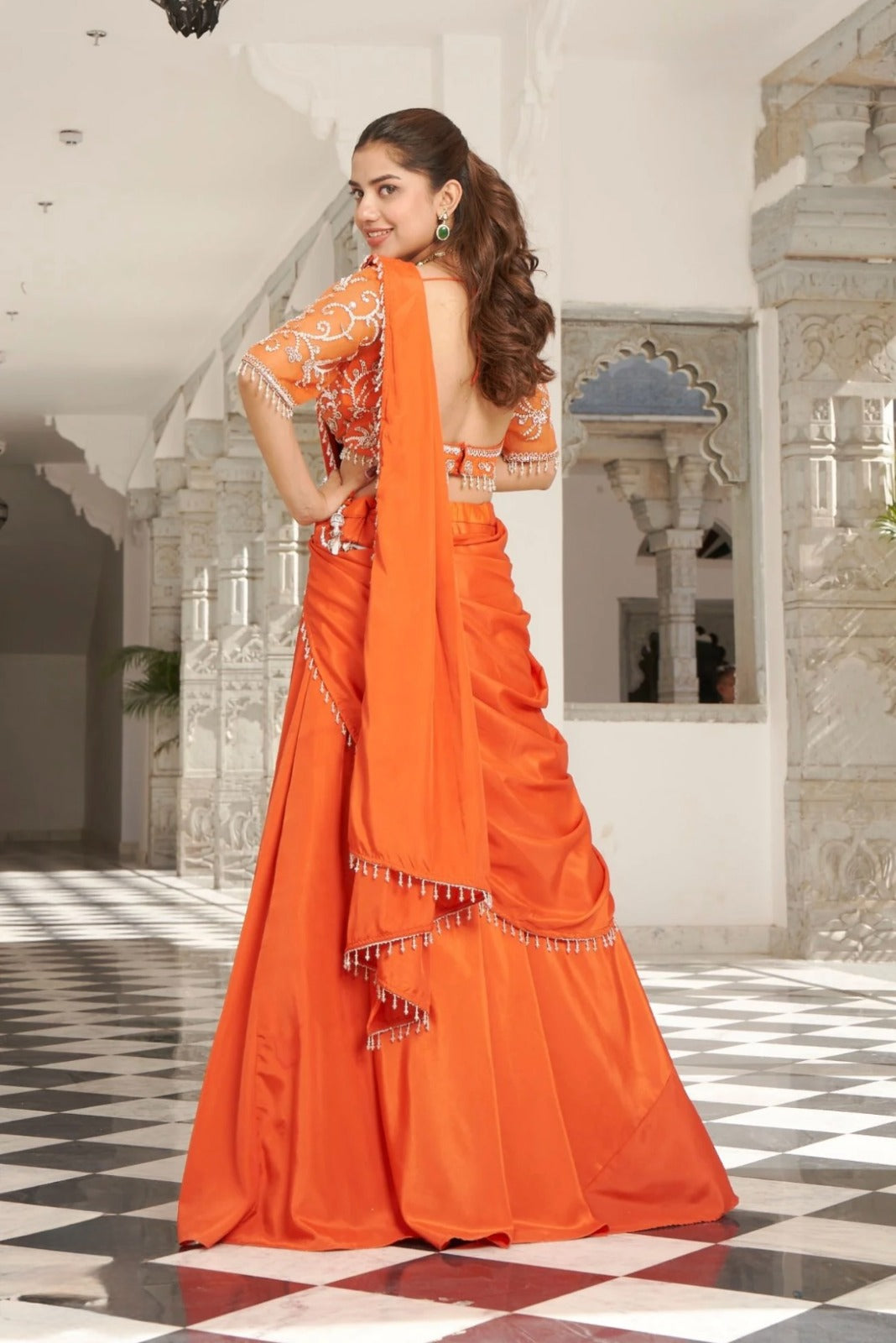Sunset Orange Pre-Stitched Satin Saree Set