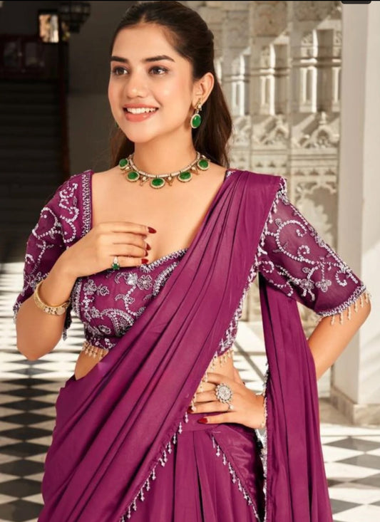 Royal Purple Pre-Stitched Satin Saree Set