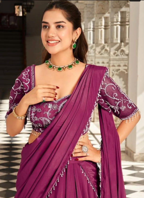 Royal Purple Pre-Stitched Satin Saree Set