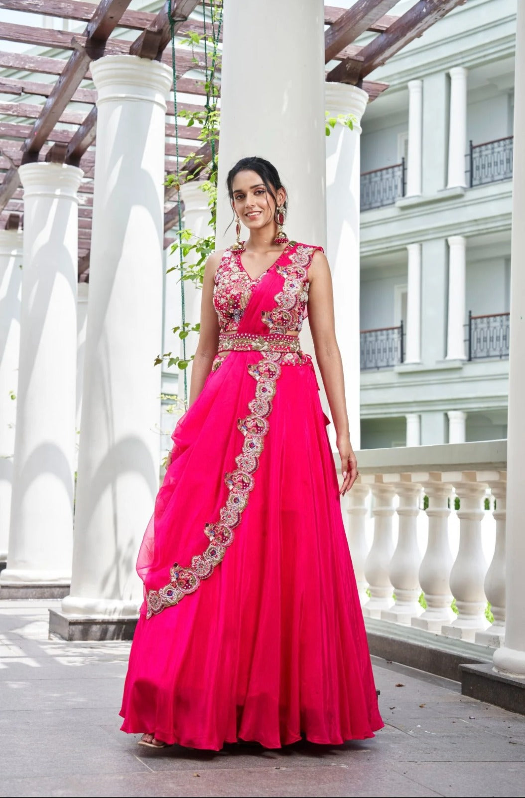 Blush Pink Pre-Stitched Satin Saree Set