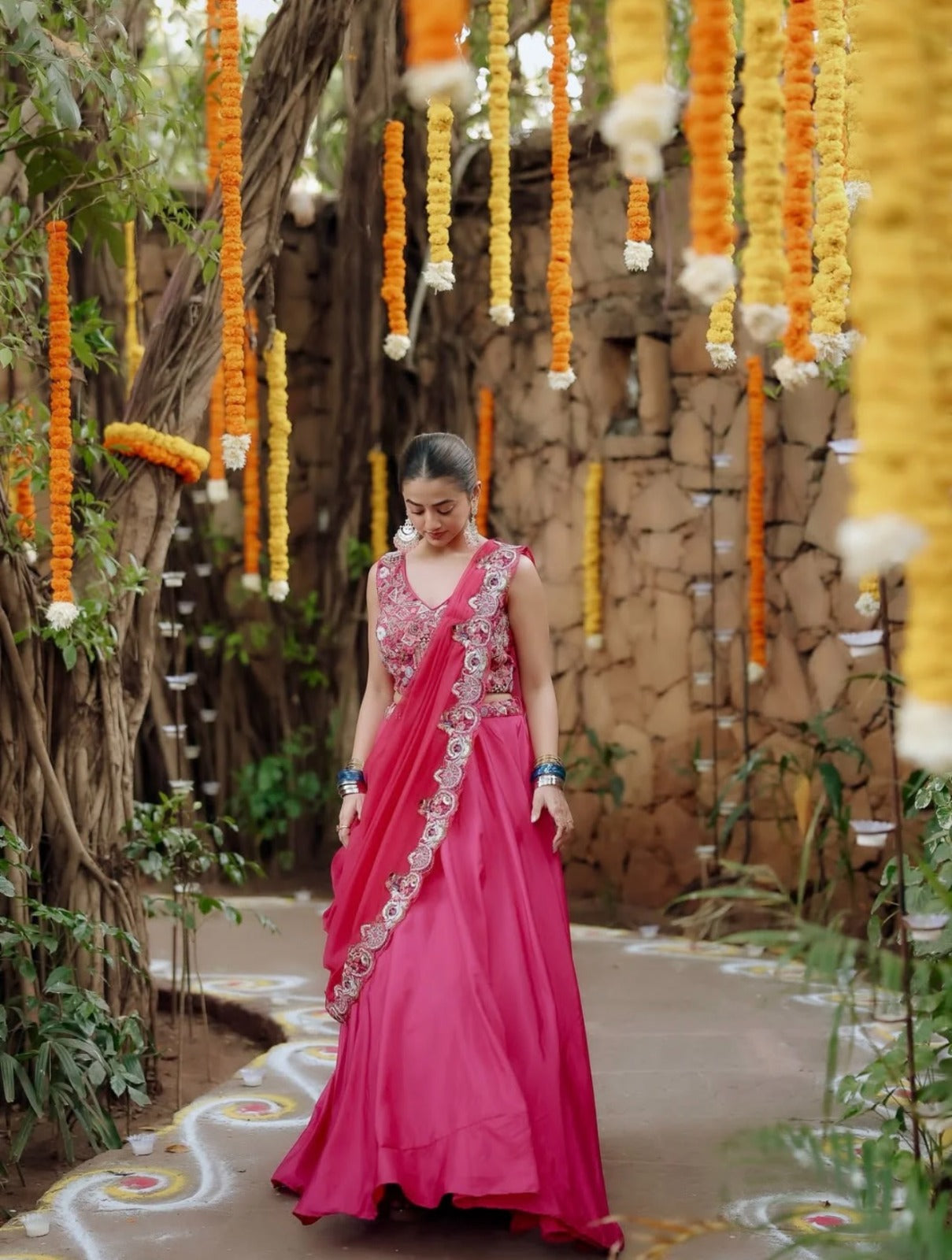 Blush Pink Pre-Stitched Satin Saree Set