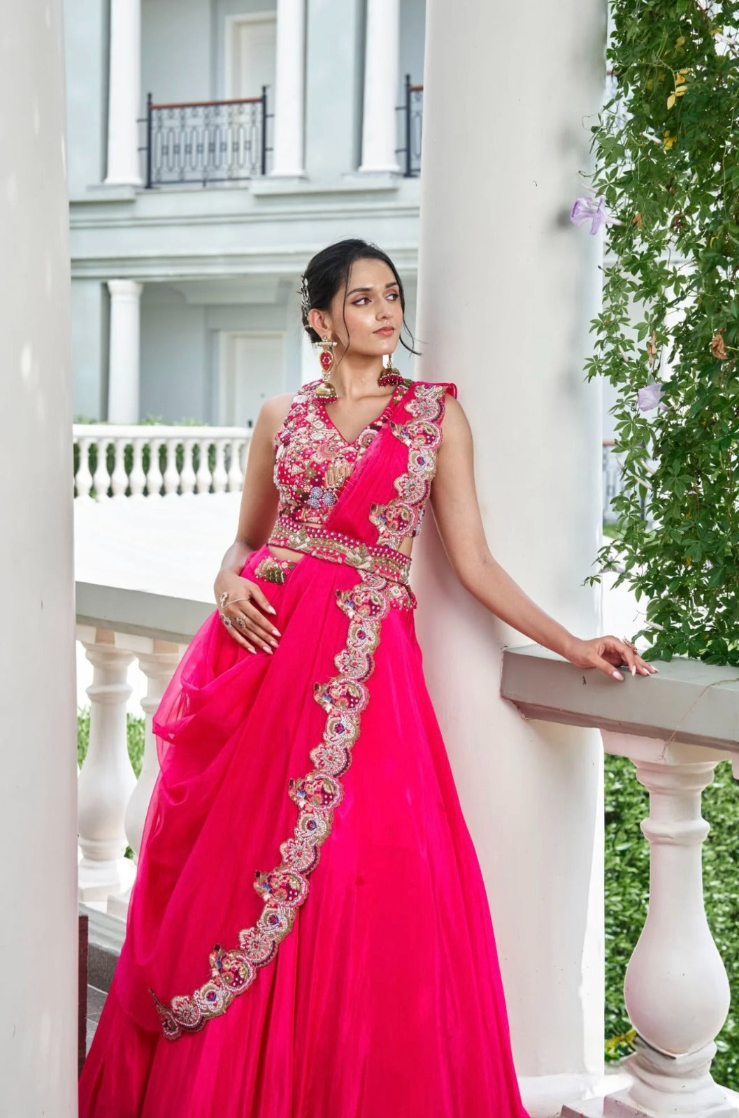 Blush Pink Pre-Stitched Satin Saree Set
